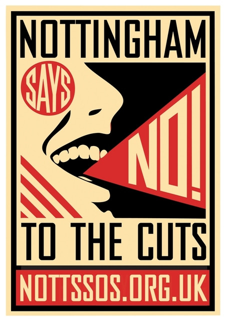 Notts SOS poster - 'No to the cuts' nottssos.org.uk
