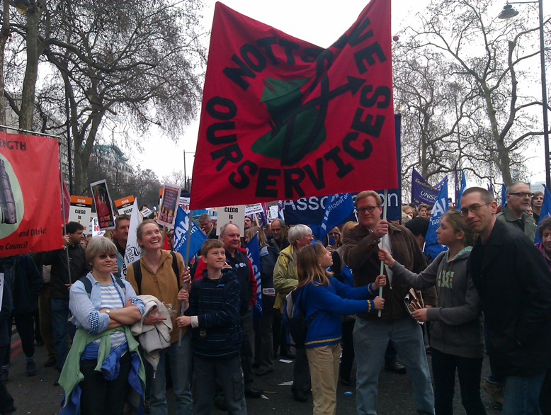 Notts SOS banner on the march, with a few of the Nottingham contingent
