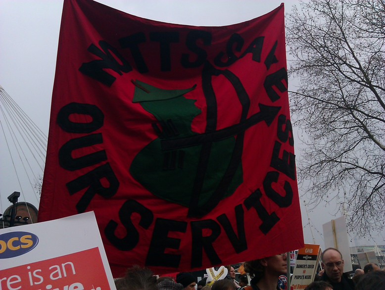 Notts SOS banner on the March 26th demonstration