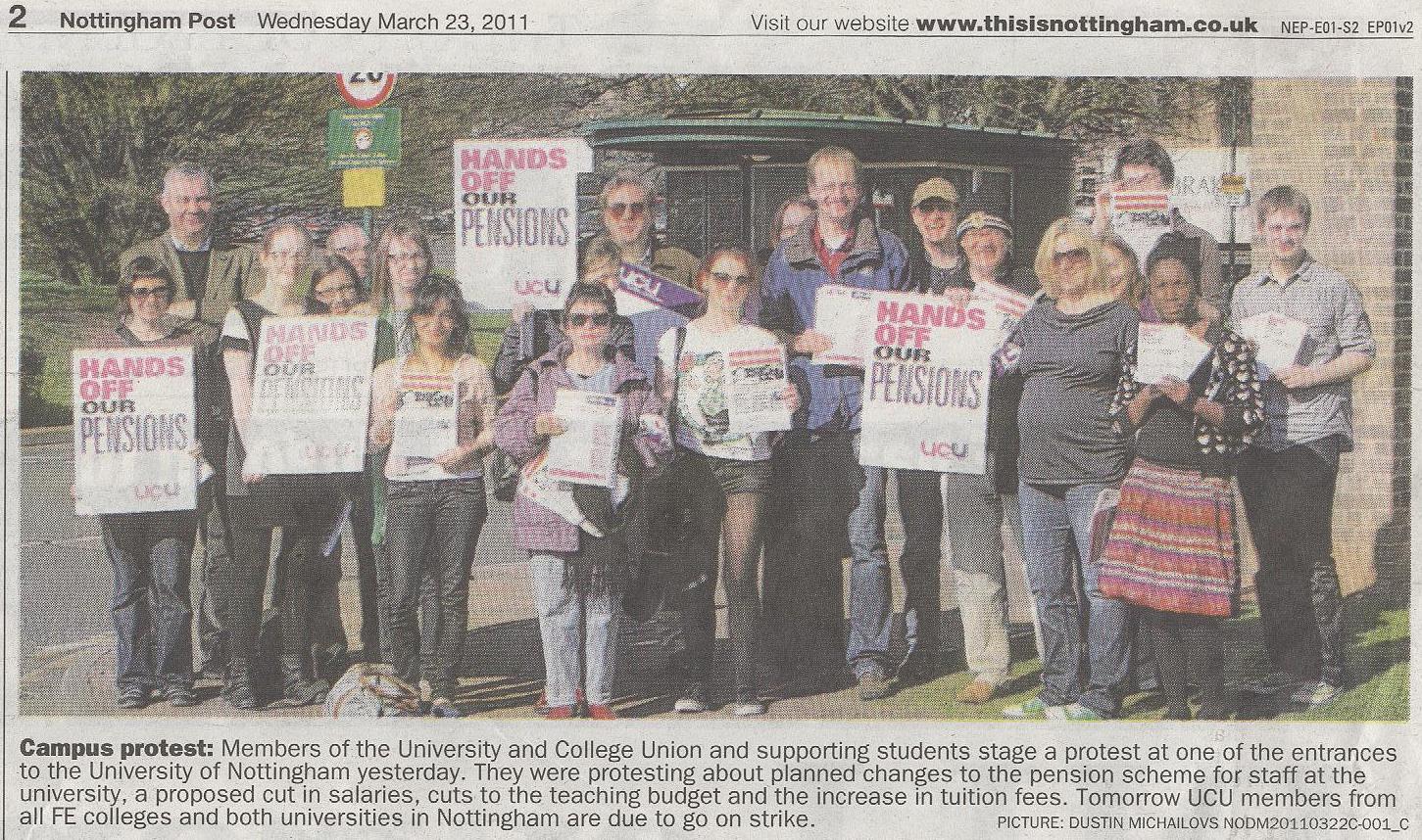 Press cutting with photograph in evening post of one UCU picket line taken on 22nd March